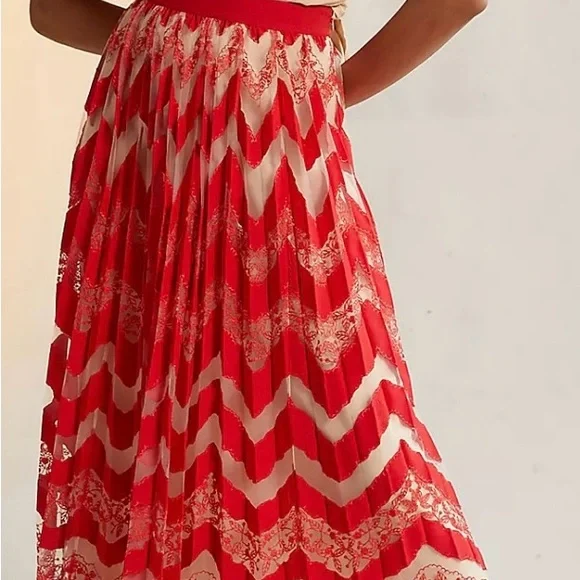 Anthropologie Red and White Pleated Midi Skirt - Picture 5 of 6
